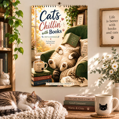Cats Chillin' with Books™ 2027 Wall Calendar | A4 Cozy Cat & Book Lover Calendar | Designed by Isabel Kline