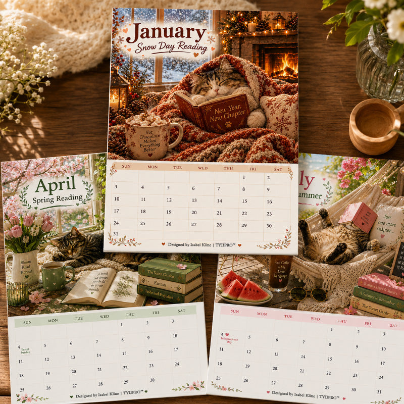 Cats Chillin' with Books™ 2027 Wall Calendar | A4 Cozy Cat & Book Lover Calendar | Designed by Isabel Kline