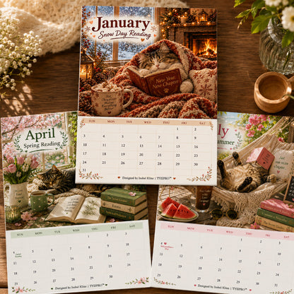 Cats Chillin' with Books™ 2027 Wall Calendar | A4 Cozy Cat & Book Lover Calendar | Designed by Isabel Kline