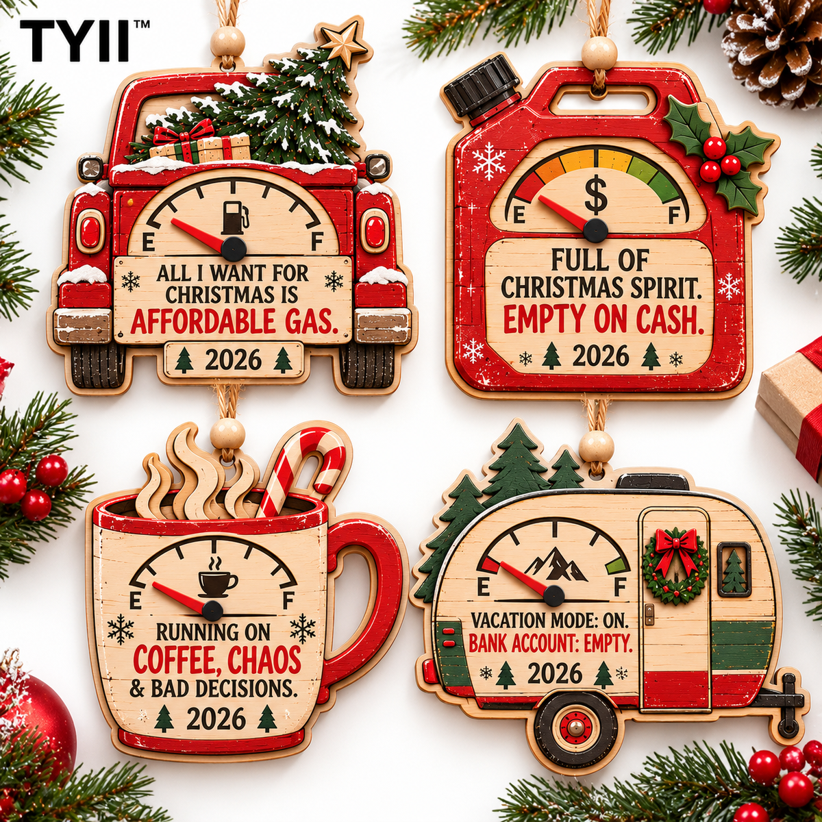 2026 Funny Christmas Wooden Ornaments – Humorous Gas, Coffee & Money Decorations, White Elephant Gifts | TYII™