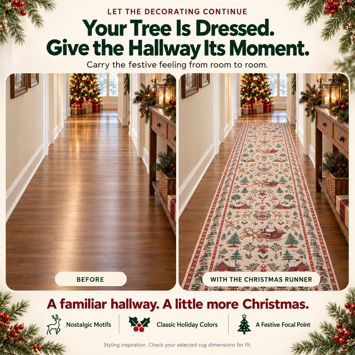 🎄Vintage Christmas Runner Rug – Santa, Reindeer & Timeless Holiday Charm