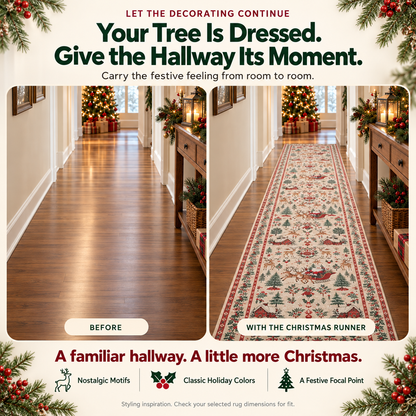 🎄Vintage Christmas Runner Rug – Santa, Reindeer & Timeless Holiday Charm