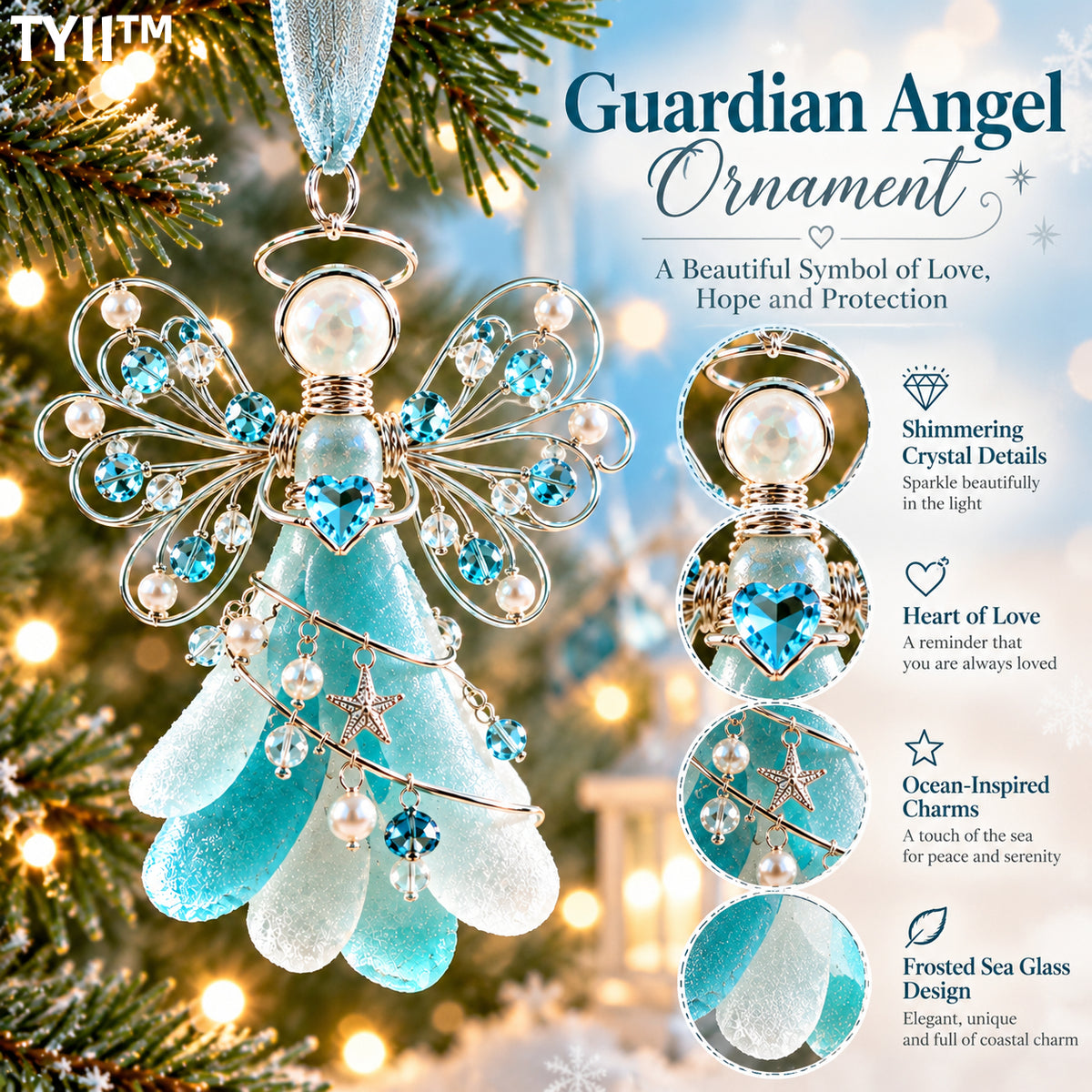 TYII™ Guardian Angel Sea Glass Ornament – Ocean Blue Crystal Angel Christmas Tree Decoration, Meaningful Keepsake Gift