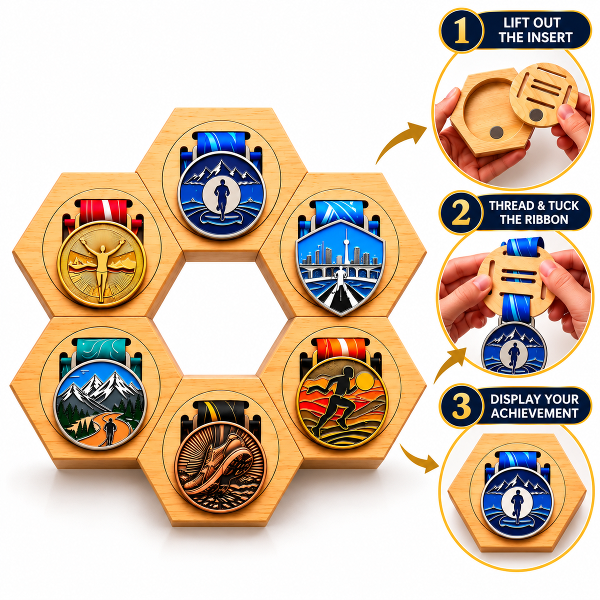TYII™ Wooden Honeycomb Medal Display Holder