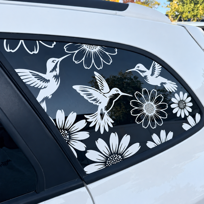🌻🐦 TYII™ Hummingbirds & Sunflowers Full Coverage Car Window Decal – Waterproof Floral Vinyl Window Sticker, Trim-to-Fit Auto Decor