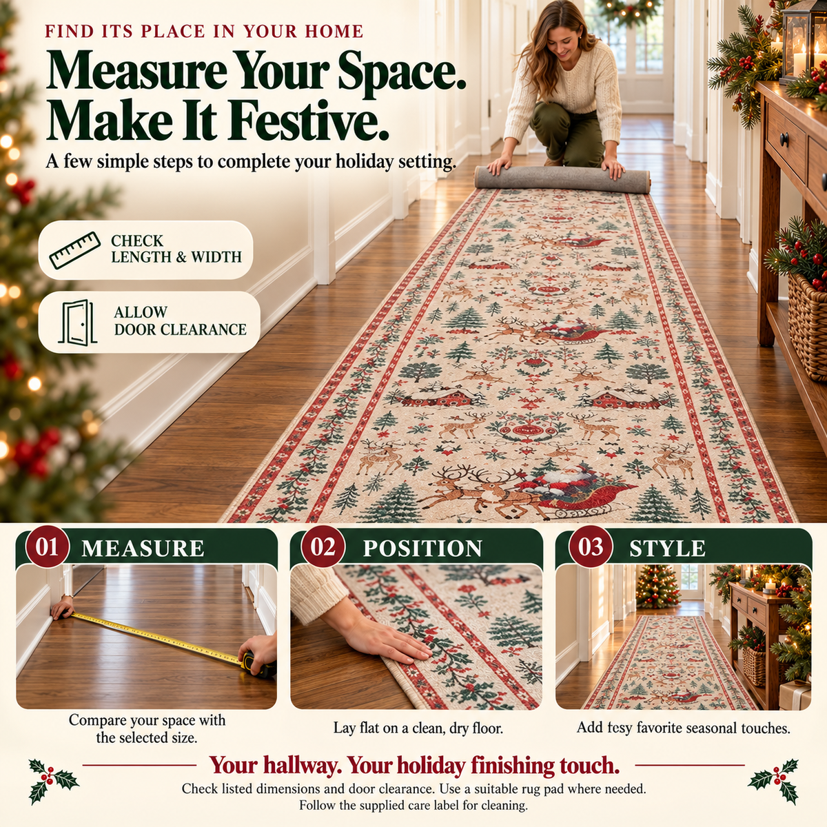 🎄Vintage Christmas Runner Rug – Santa, Reindeer & Timeless Holiday Charm