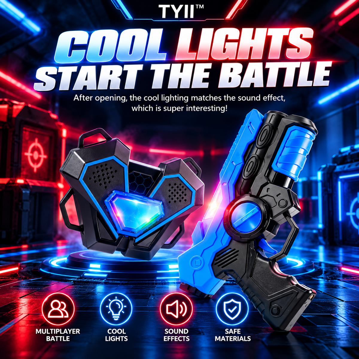 TYII™ 2-Player Laser Tag Set for Kids – Infrared Blaster Guns with LED Chest Sensors, Lights & Sounds, Indoor & Outdoor Battle Game