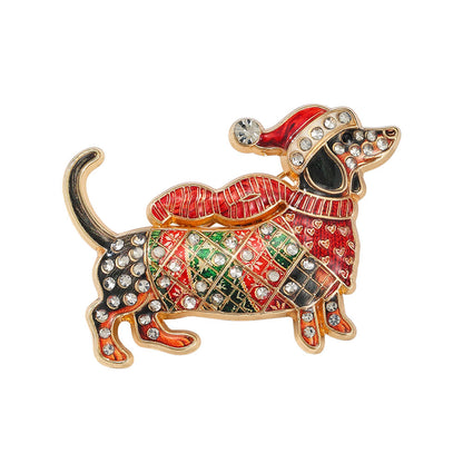 Limited Edition Christmas Dachshund Brooch – Rhinestone Enamel Sausage Dog Holiday Pin