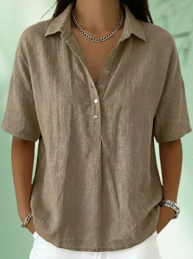 Women's Casual Henley Collar Linen & Cotton Short-Sleeve Shirt