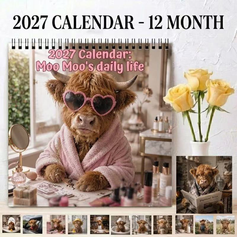 2027 Funny Highland Cow Wall Calendar | A4 Hanging Calendar | Designed by Isabel Kline