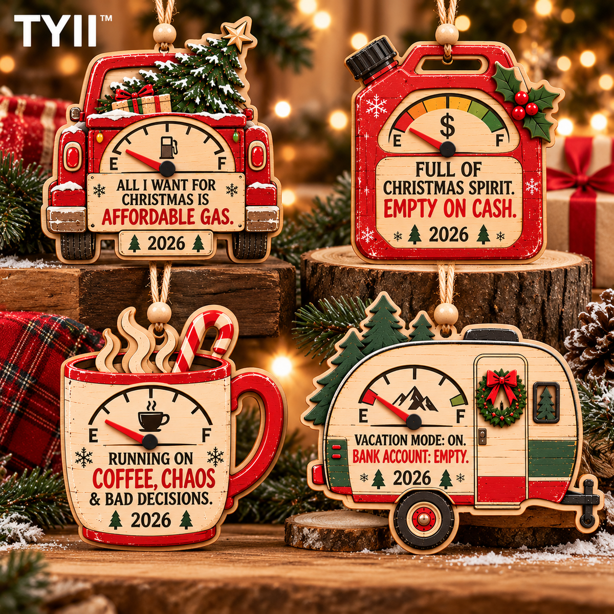 2026 Funny Christmas Wooden Ornaments – Humorous Gas, Coffee & Money Decorations, White Elephant Gifts | TYII™