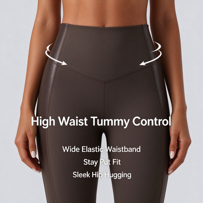 High Waisted Stretchy PU Tummy Control Yoga Leggings with Pocket 🧘