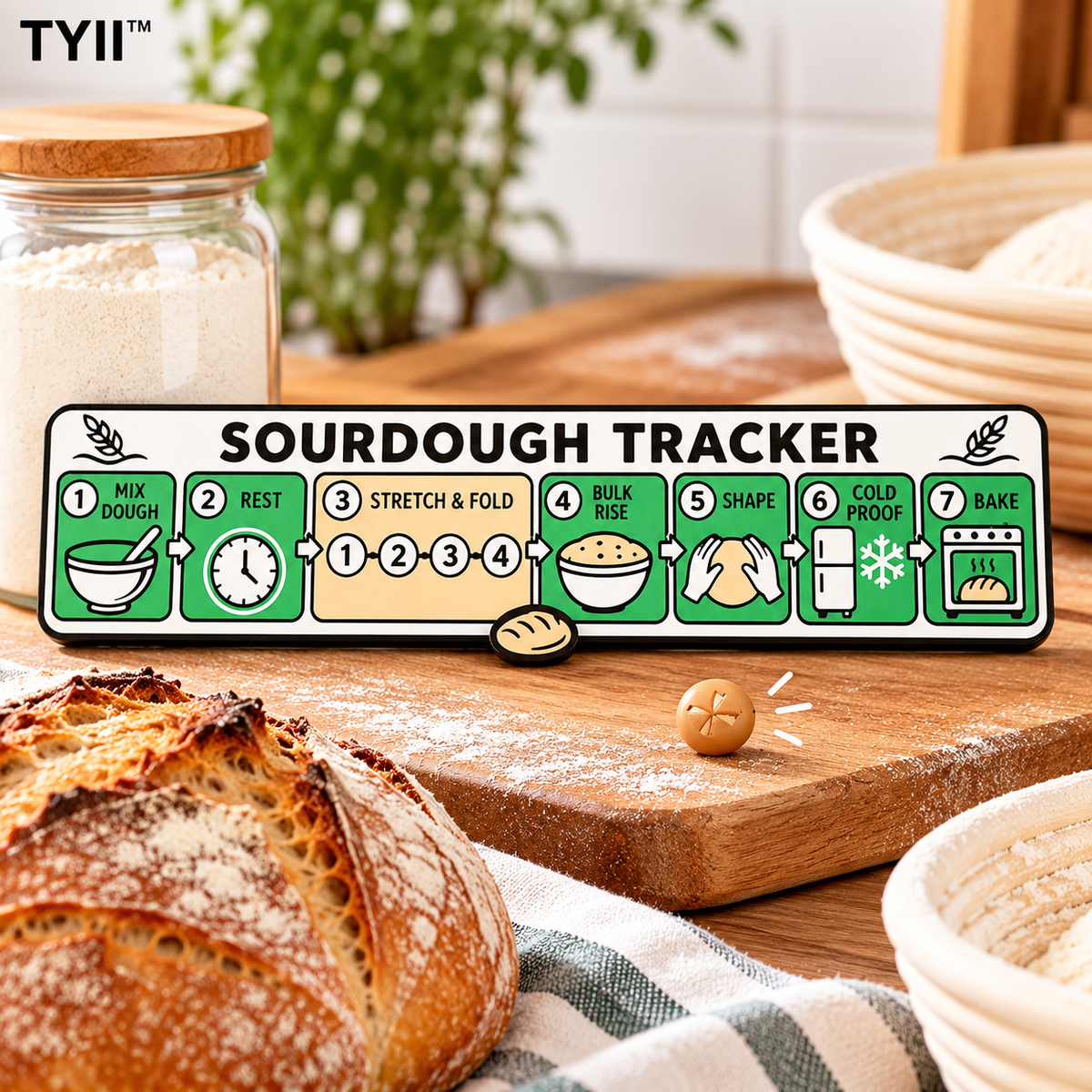 Sourdough Bread Making Tracker with Magnetic Marker – 7-Step Baking Guide | TYII™