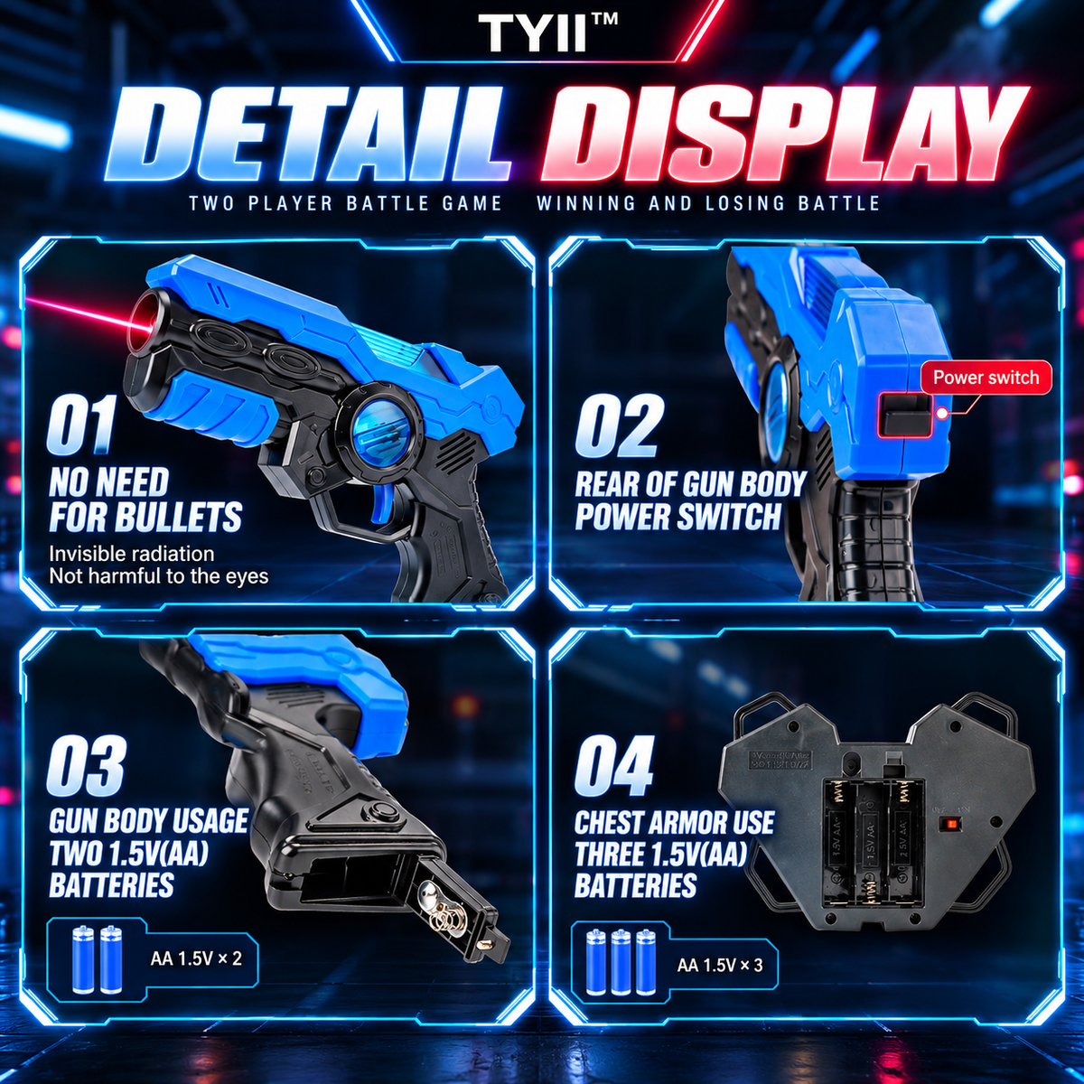 TYII™ 2-Player Laser Tag Set for Kids – Infrared Blaster Guns with LED Chest Sensors, Lights & Sounds, Indoor & Outdoor Battle Game