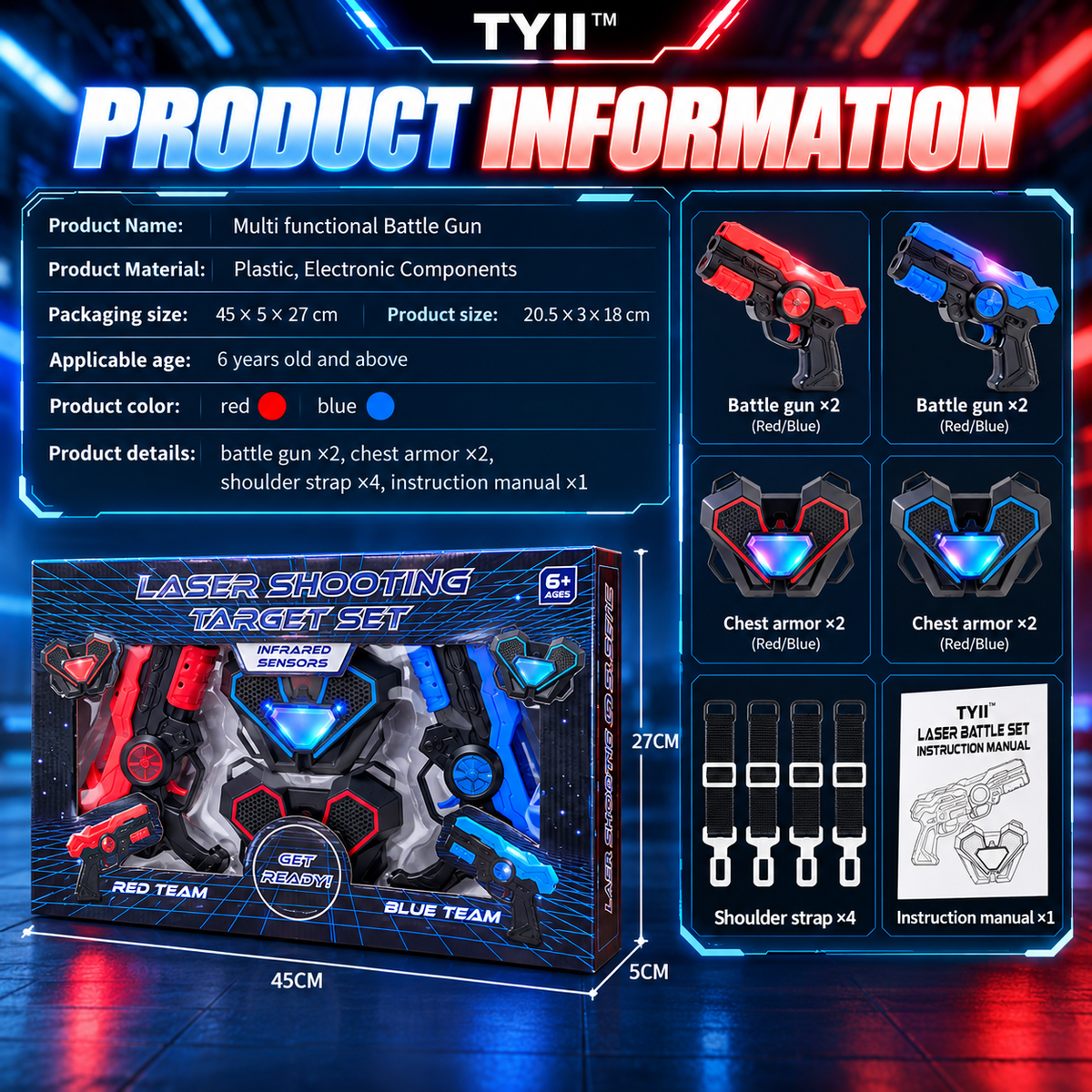 TYII™ 2-Player Laser Tag Set for Kids – Infrared Blaster Guns with LED Chest Sensors, Lights & Sounds, Indoor & Outdoor Battle Game