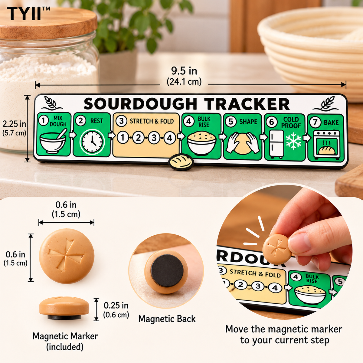 Sourdough Bread Making Tracker with Magnetic Marker – 7-Step Baking Guide | TYII™