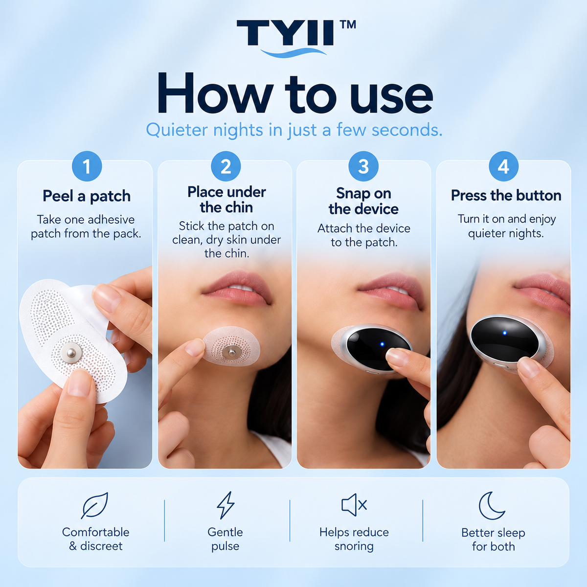 TYII™ Smart Anti-Snoring Device – Intelligent Snore Detection, 3 Adjustable Pulse Levels, Rechargeable Chin-Worn Sleep Aid
