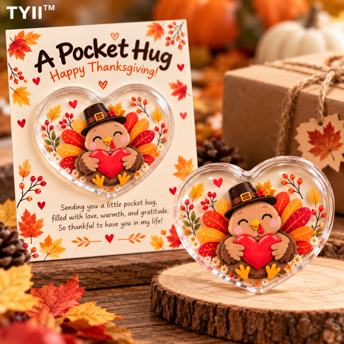 TYII™ Thanksgiving Turkey Pocket Hug – Heart-Shaped Acrylic Keepsake with Greeting Card, Cute Thanksgiving Appreciation Gift