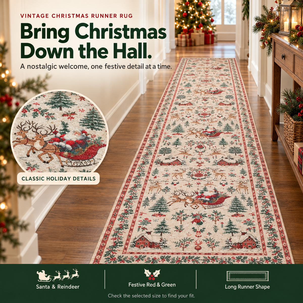 🎄Vintage Christmas Runner Rug – Santa, Reindeer & Timeless Holiday Charm