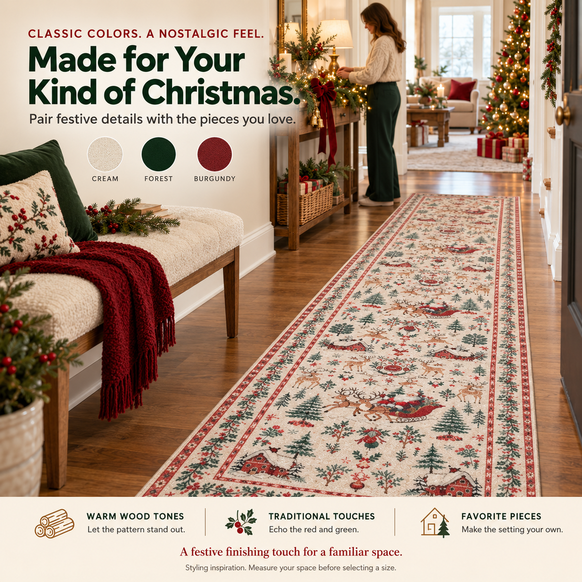 🎄Vintage Christmas Runner Rug – Santa, Reindeer & Timeless Holiday Charm