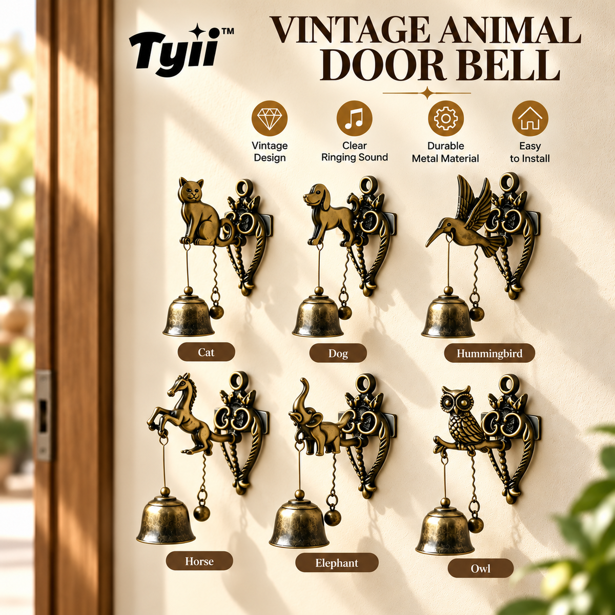 Vintage Animal Door Bell – Antique Bronze Hanging Bell, Decorative Door Chime for Home, Unique Housewarming Gift | TYII™