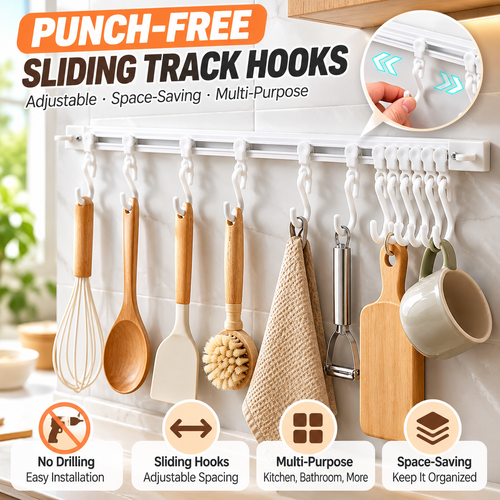 Punch-Free Sliding Track Hooks – Adjustable Wall-Mounted Organizer for Kitchen & Bathroom