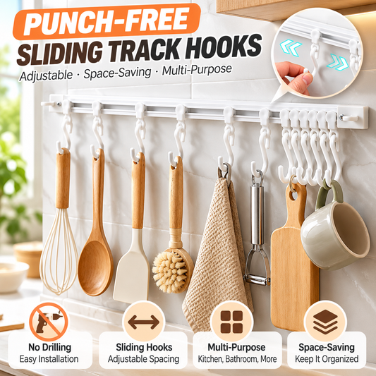 Punch-Free Sliding Track Hooks – Adjustable Wall-Mounted Organizer for Kitchen & Bathroom