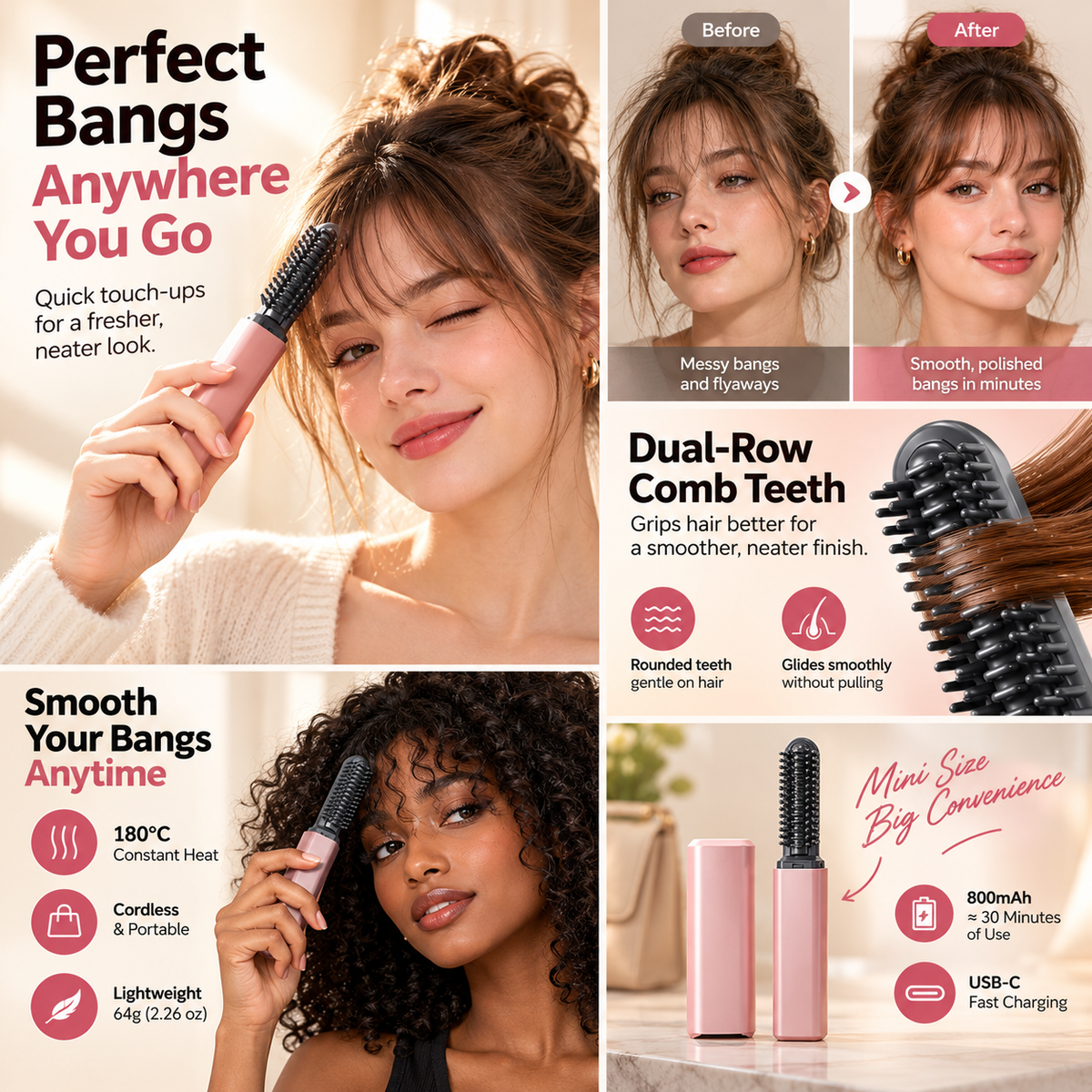 ✨ Compact Wireless Hot Comb – Handy Bang Styling Companion