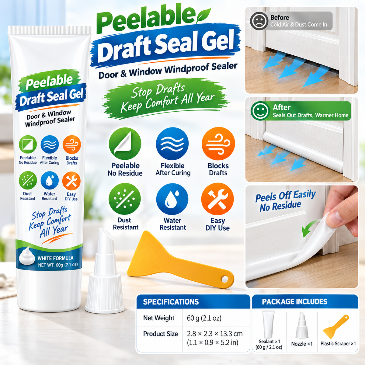 White Peelable Window and Door Gap Sealant Windproof Draft Stopper with Plastic Scraper