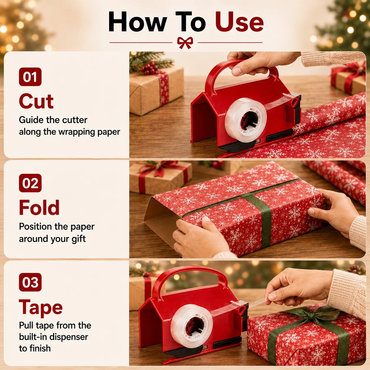 TYIIPRO™ 2-in-1 Wrapping Paper Cutter & Tape Dispenser – Gift Wrapping Tool for Faster, Cleaner & Straighter Cuts