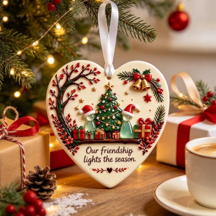 Christmas Friendship Heart Ornament 🎄💕 Glazed Ceramic Keepsake With Sea Glass Figures & Heartfelt Blessing