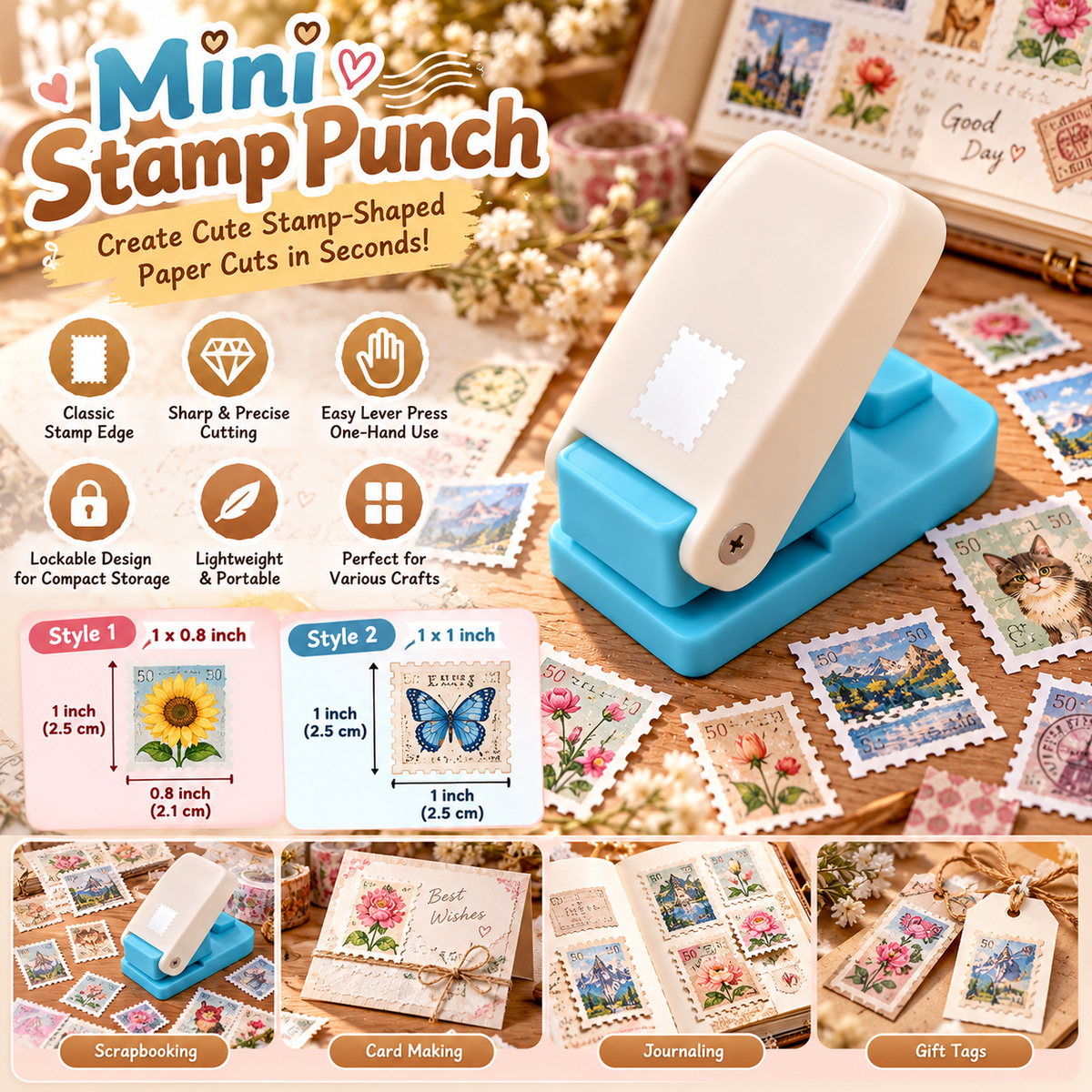 Mini Stamp Paper Punch – Postage Stamp Edge Craft Cutter for Scrapbooking & DIY