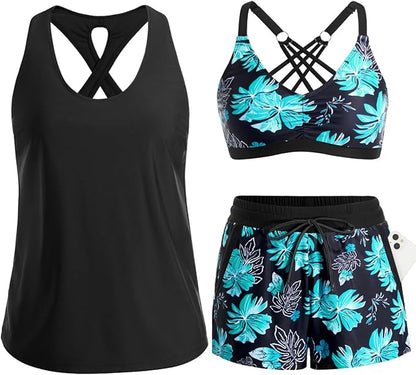 Women's 3-Piece Tankini Swimsuit Set with Pocket Shorts