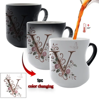 TYII™ Personalized Initial Color-Changing Mug – Heat-Reactive Floral Coffee Cup with Heart Handle, A–Z