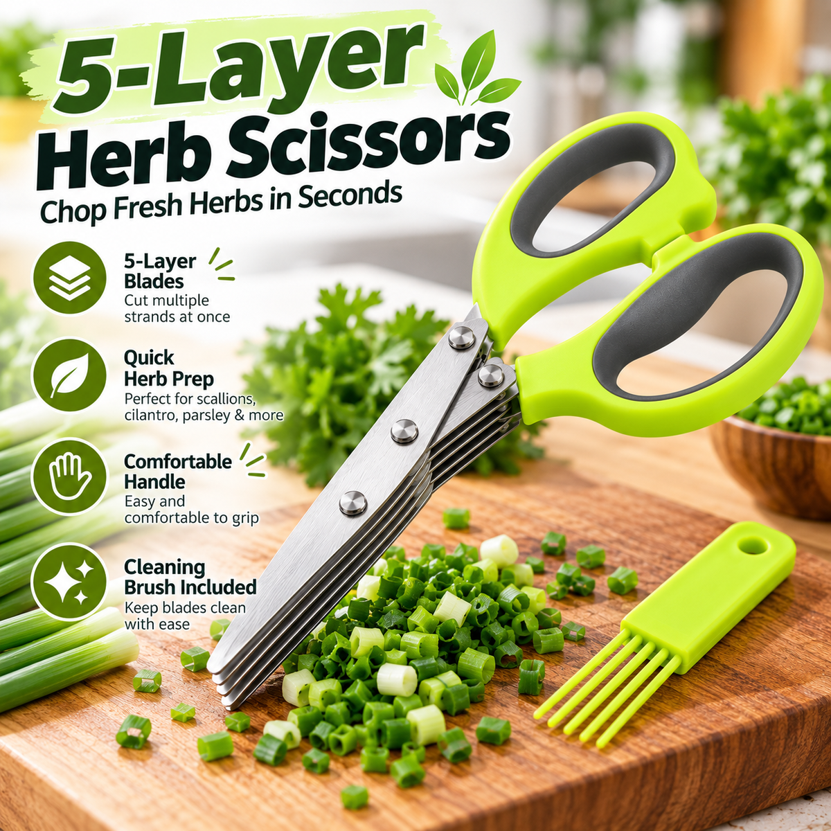 5-Blade Herb Scissors with Cleaning Brush – Stainless Steel Kitchen Herb Cutter