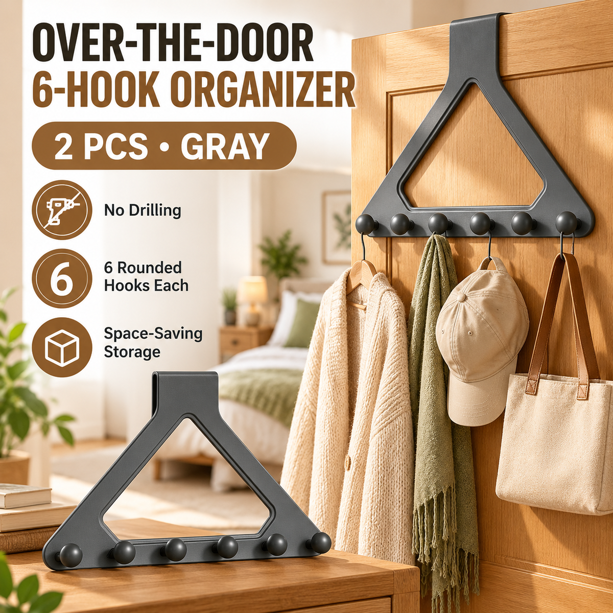🚪 Over-the-Door 6-Hook Organizer – No-Drill Triangle Rack for Clothes, Towels, Hats & Bags