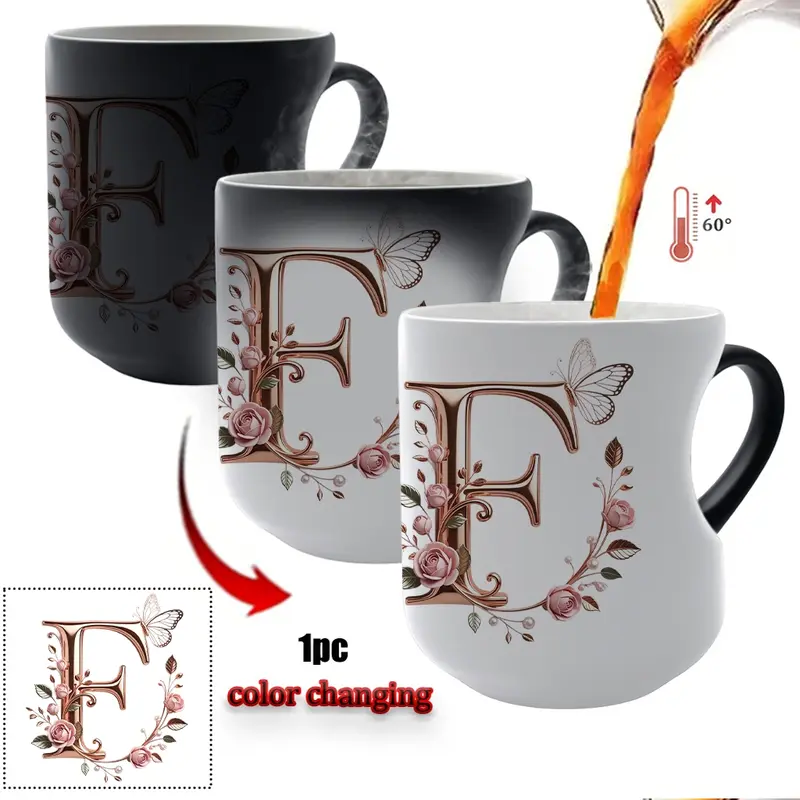 TYII™ Personalized Initial Color-Changing Mug – Heat-Reactive Floral Coffee Cup with Heart Handle, A–Z