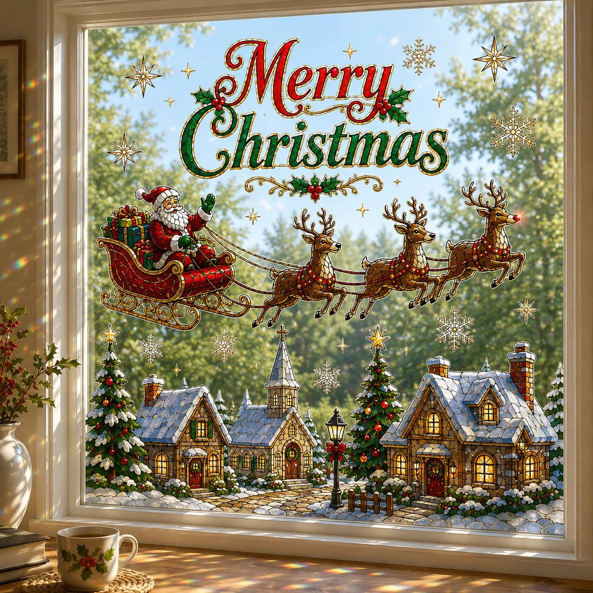 ✨ Holographic Christmas Window Cling – Sparkling Stained Glass Style Window Decoration