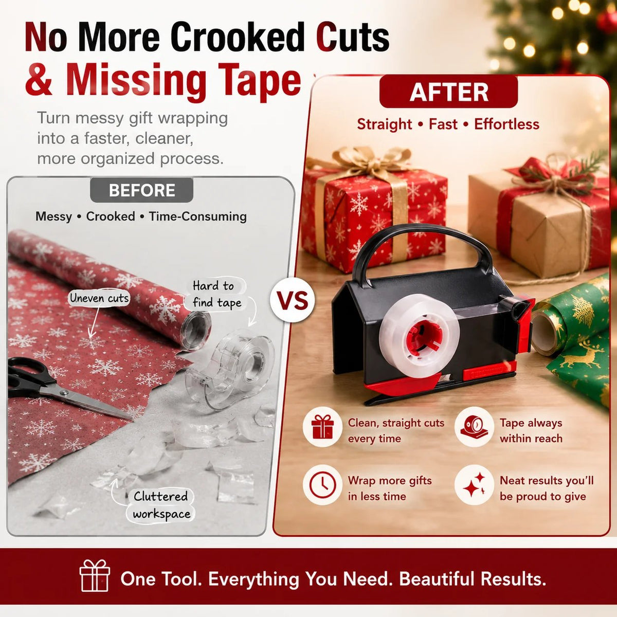 TYIIPRO™ 2-in-1 Wrapping Paper Cutter & Tape Dispenser – Gift Wrapping Tool for Faster, Cleaner & Straighter Cuts
