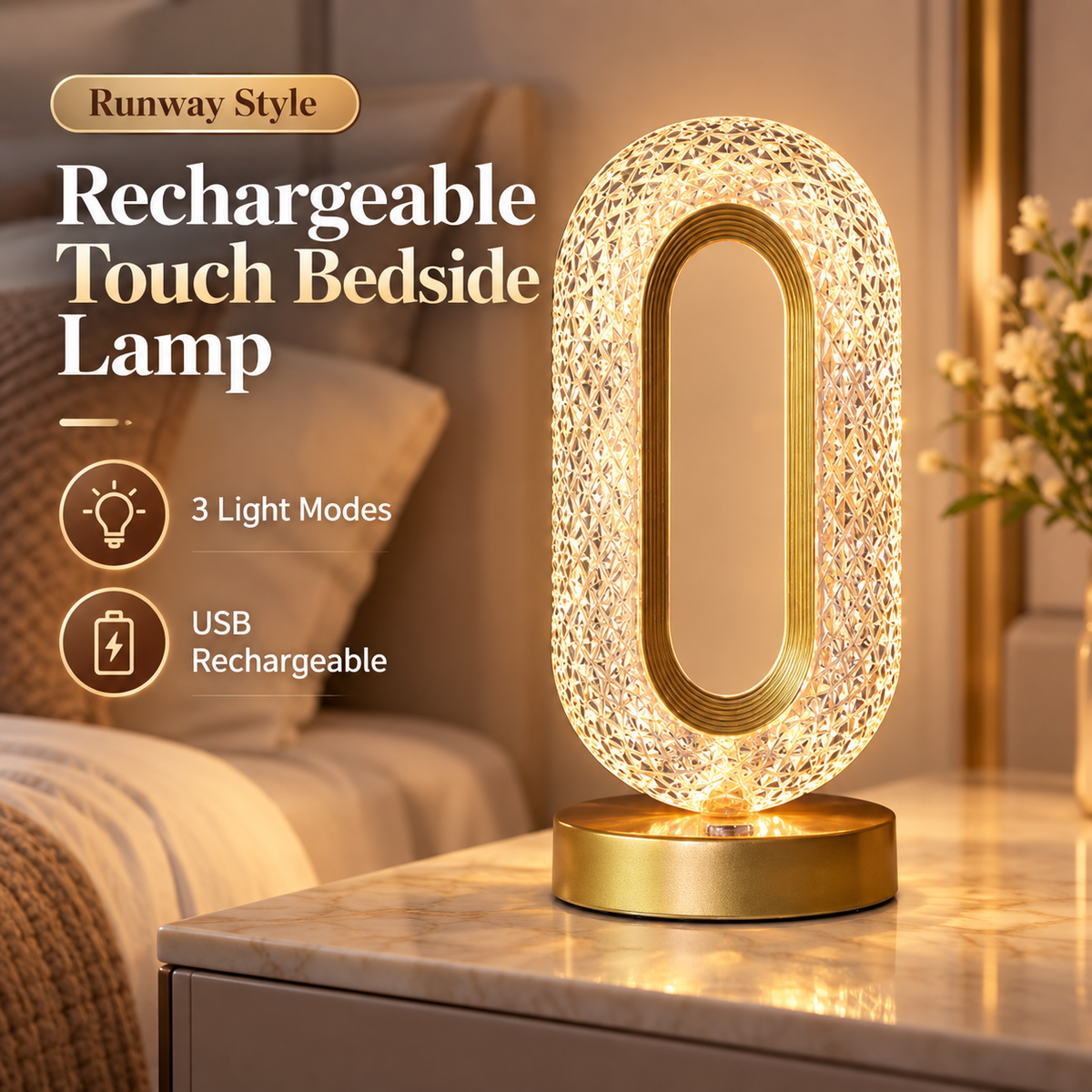 Rechargeable Touch Bedside Lamp – 3-Color LED Night Light
