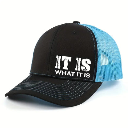 IT IS WHAT IT IS Printed Mesh Trucker Hat - Adjustable, Breathable Baseball Cap for Casual Outdoor Use, Unisex Sun Protection