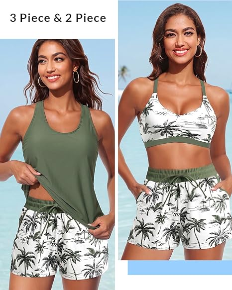 Women's 3-Piece Tankini Swimsuit Set with Pocket Shorts