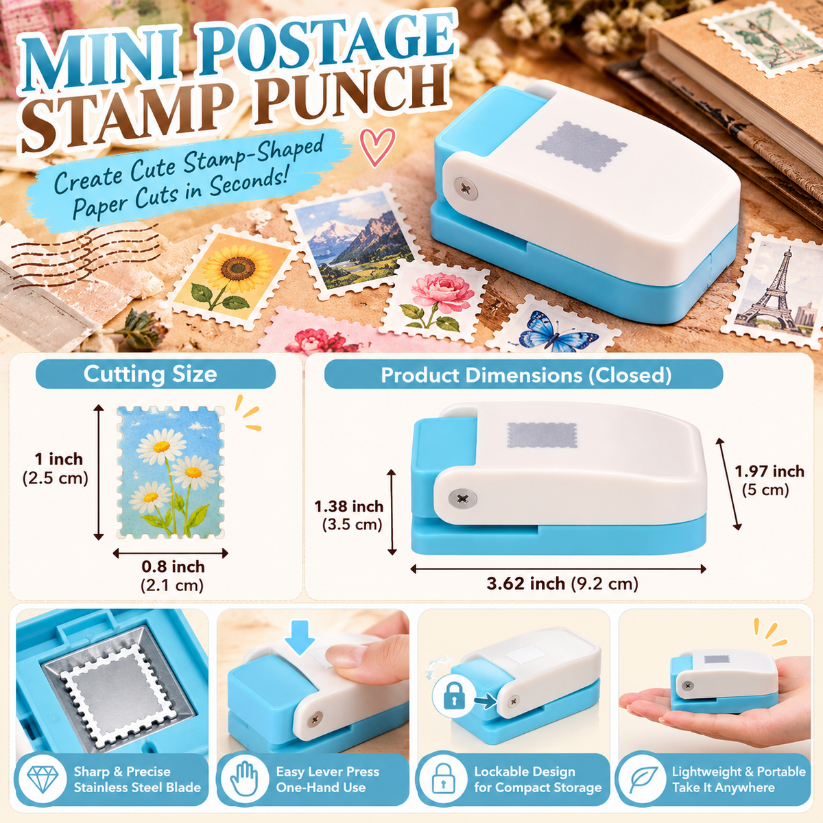Mini Stamp Paper Punch – Postage Stamp Edge Craft Cutter for Scrapbooking & DIY