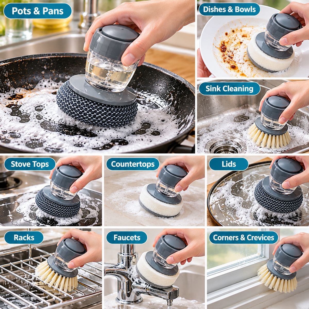 Soap Dispensing Palm Brush with Interchangeable Heads – Refillable Dish Scrubber for Kitchen Cleaning