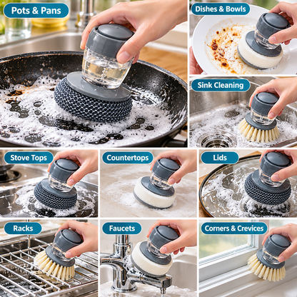 Soap Dispensing Palm Brush with Interchangeable Heads – Refillable Dish Scrubber for Kitchen Cleaning