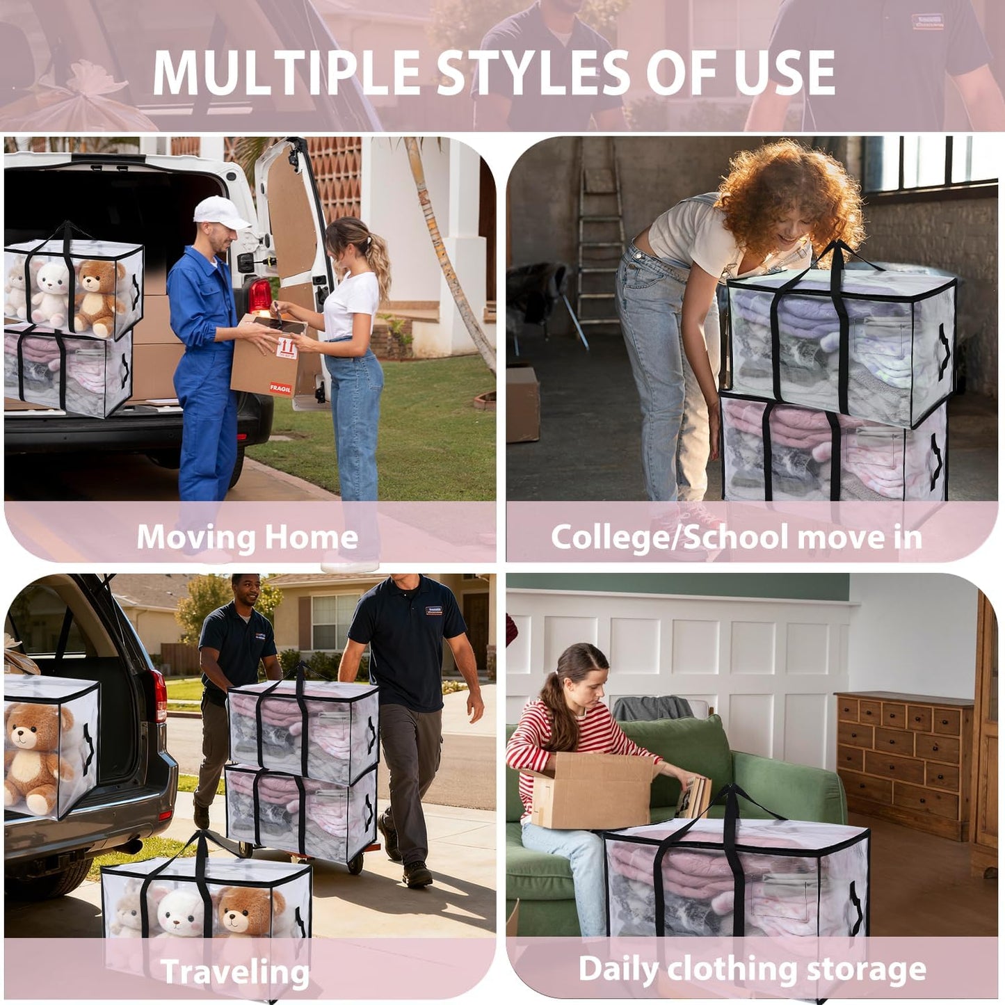Extra Large Moving Storage Bags – 24 Gallon Capacity, Up to 110 Lbs, Heavy-Duty Zippered Bags with Handles
