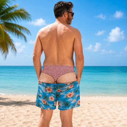 😄Funny Leopard‐Print Fake Denim Swim Shorts | Novelty Illusion Beach Trunks