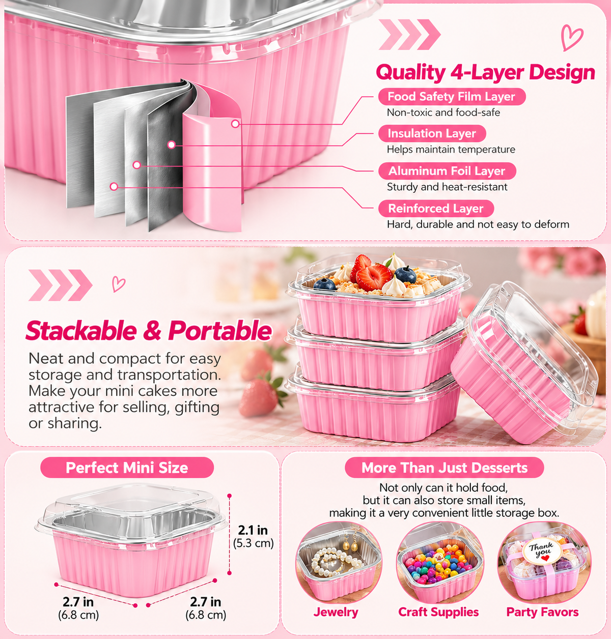 🧁5oz Mini Aluminum Foil Cake Pans with Lids, Forks & Stickers