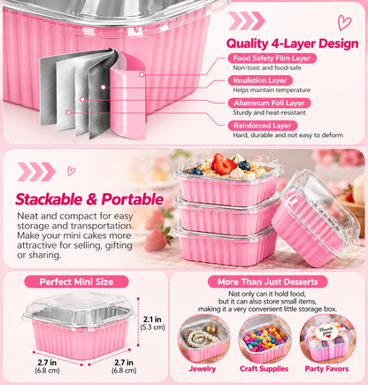🧁5oz Mini Aluminum Foil Cake Pans with Lids, Forks & Stickers