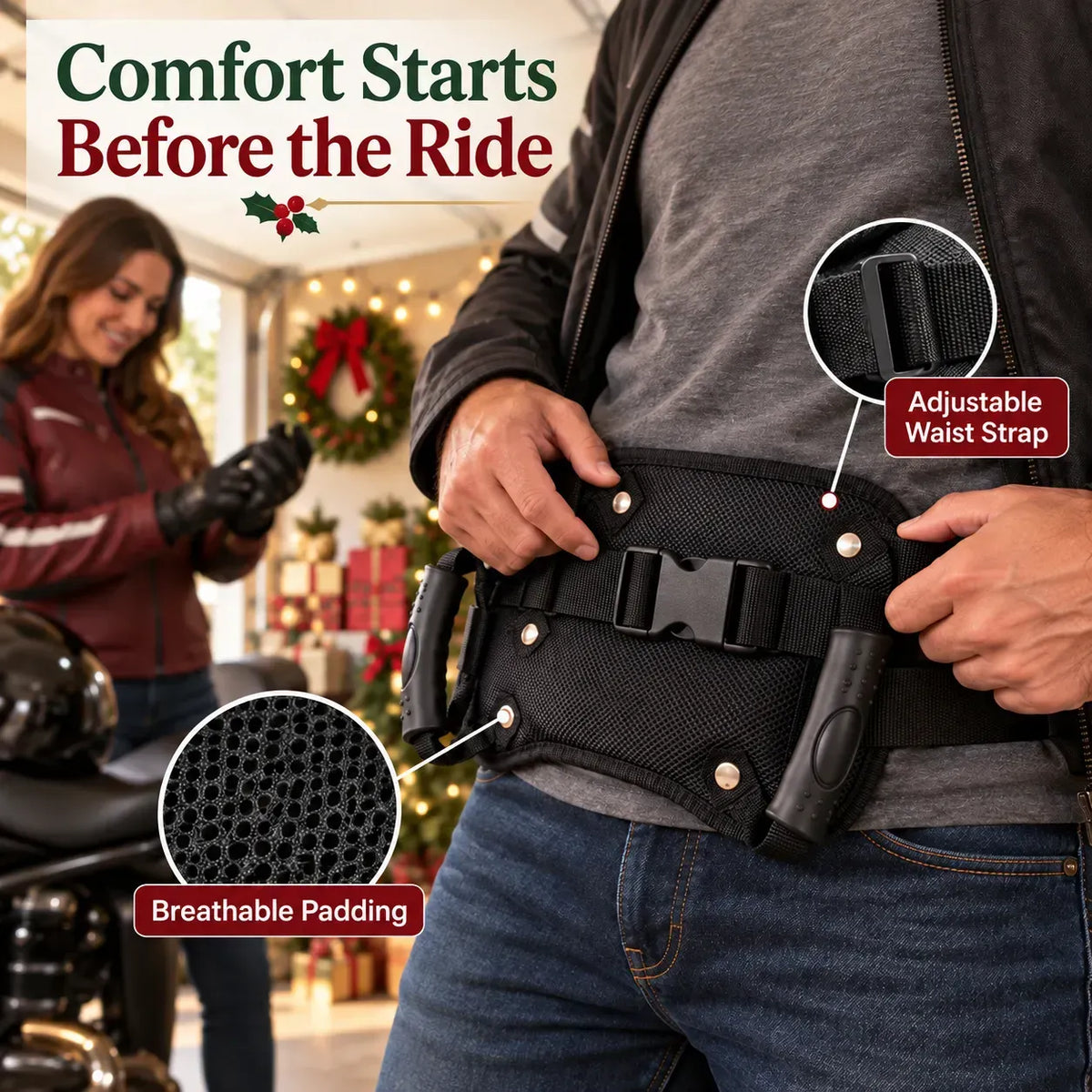 Adjustable Motorcycle Passenger Grab Handle Belt | Dual-Grip Waist Support